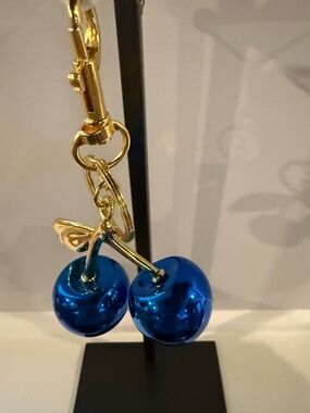 Shiny Blue Cherry Keychain with Gold Hardware